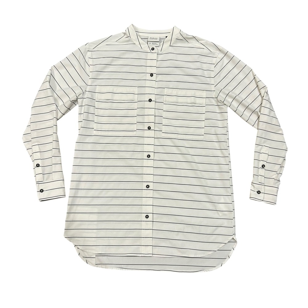 Prana Mens Small‎ White Striped Band Collar Button Up Shirt Long Sleeve Outdoor